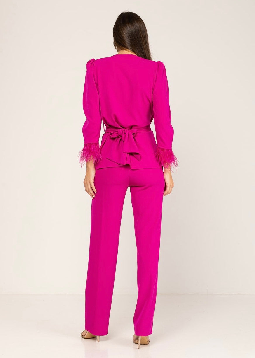 Pink blouse and pants set with feather detail