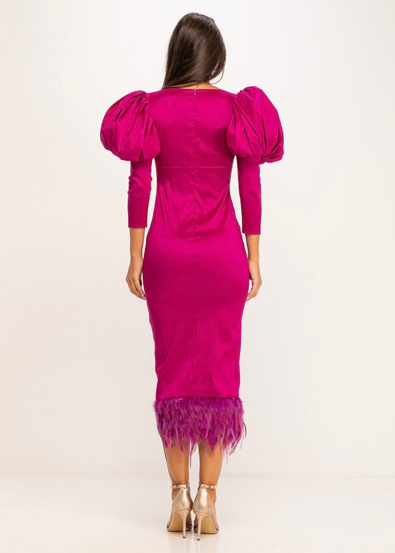 Vestido midi com decote em V manga balão e penas