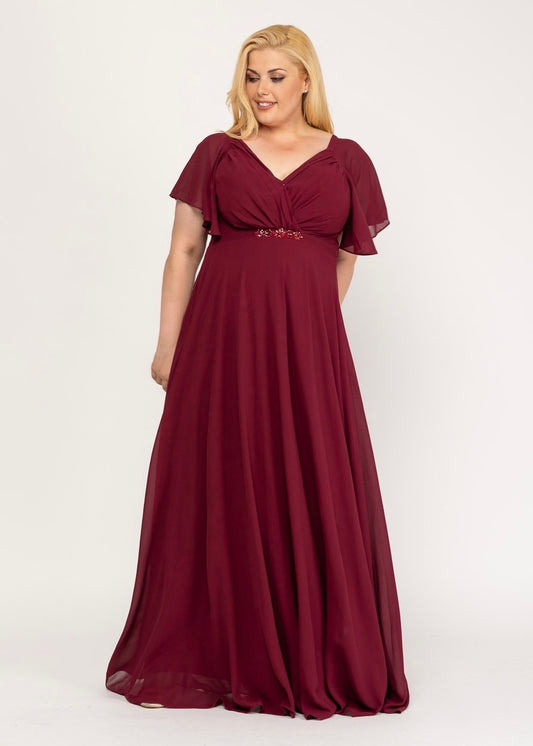 Classic long dress with V-neckline and sheer sleeves