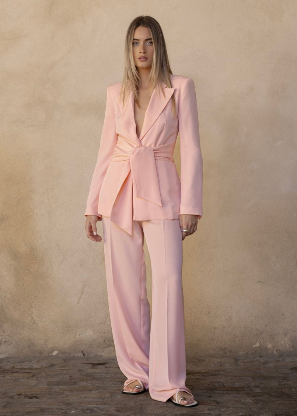 Pink blazer and pants set with belt