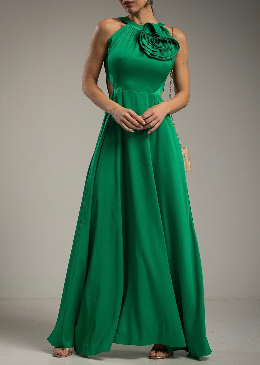 Vestido longo verde com abertura lateral e detalhe flor