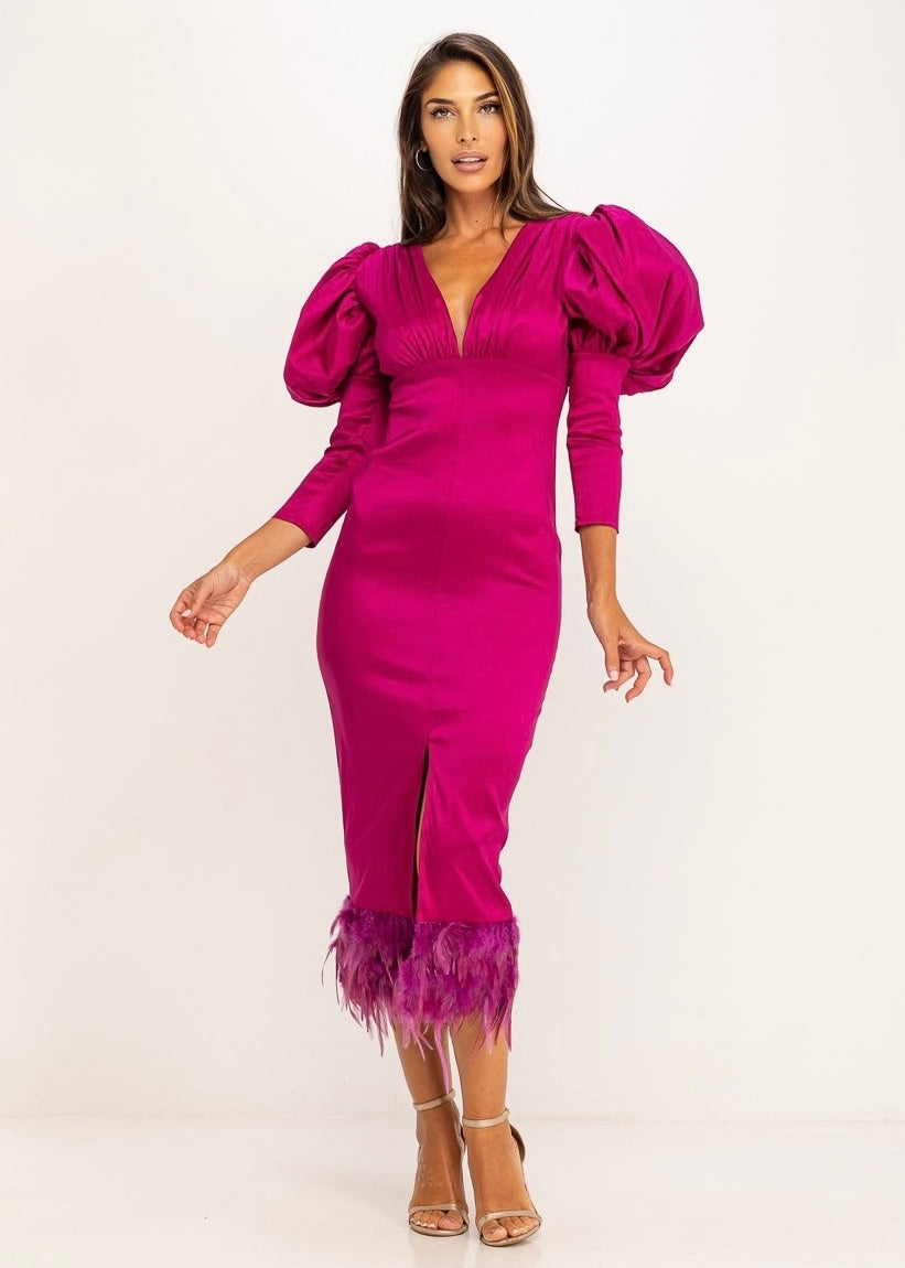 Vestido midi com decote em V manga balão e penas