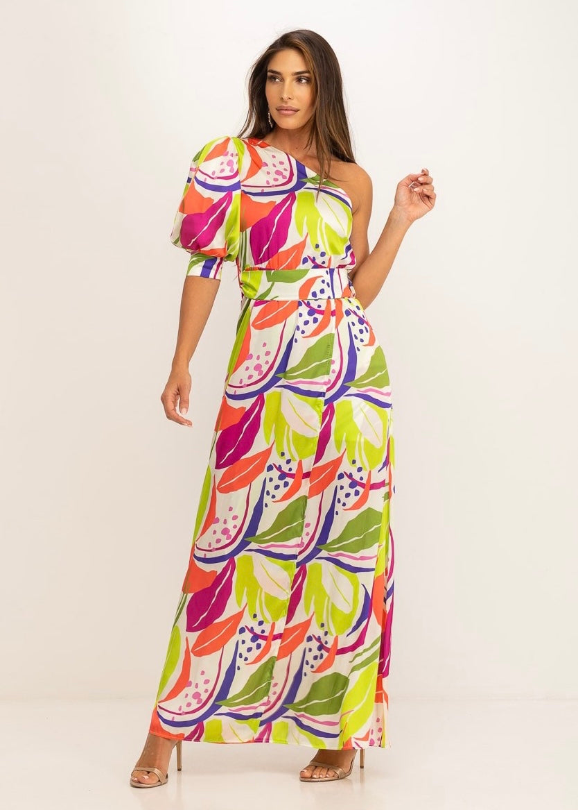 Multicolored asymmetrical long dress with side opening and mini skirt