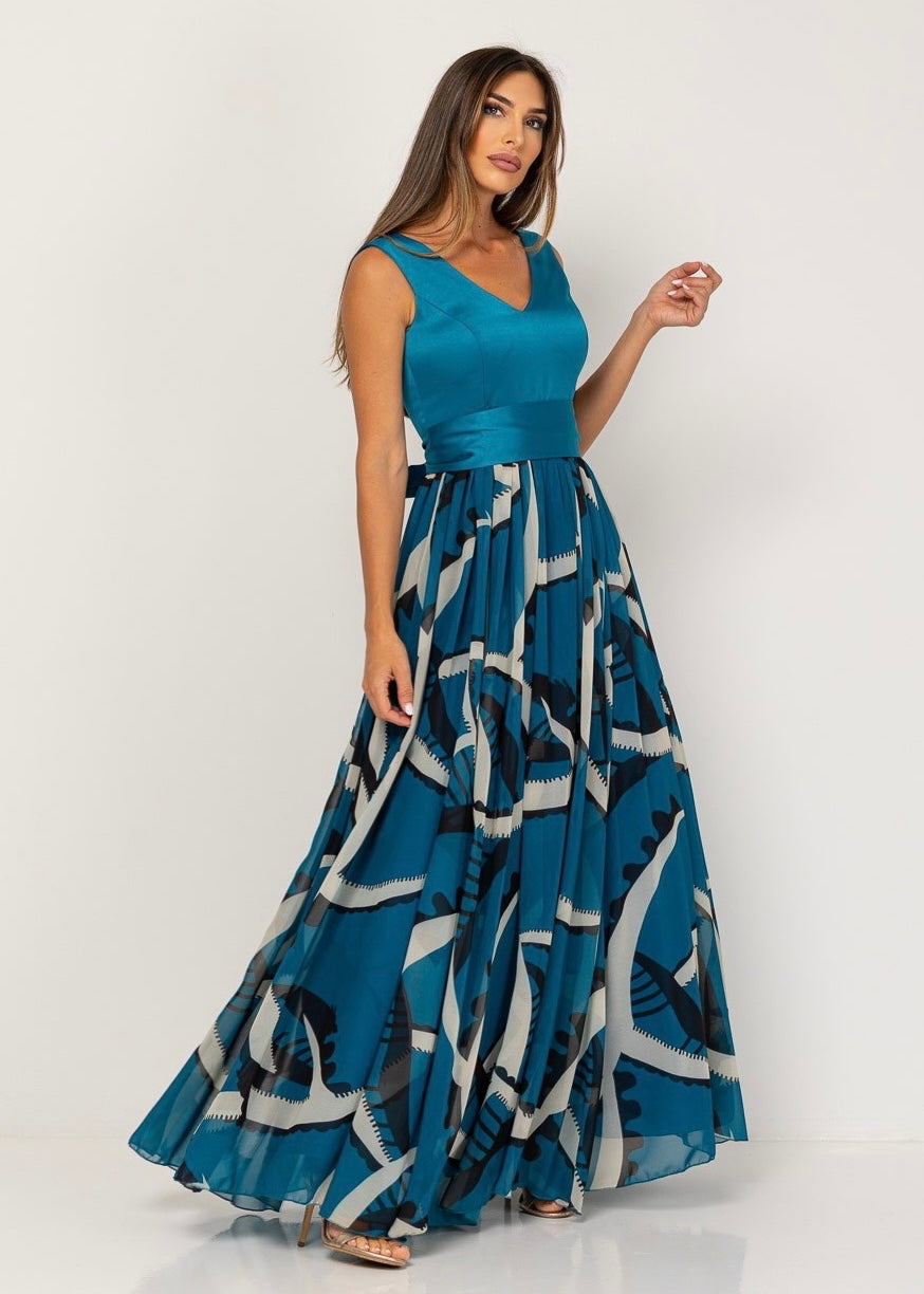 Vestido azul petróleo saia com volume e cinto