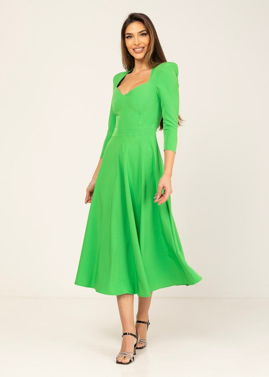 Green midi dress with sweetheart neckline and shoulder pads