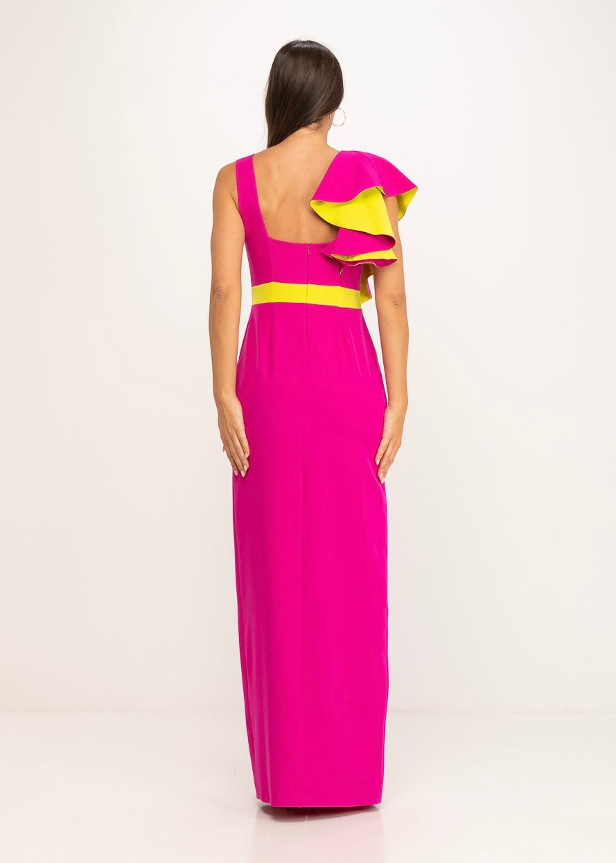Vestido longo bicolor com detalhe em folho e abertura lateral