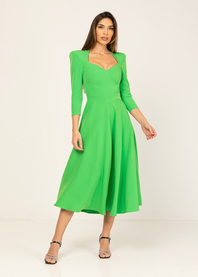 Green midi dress with sweetheart neckline and shoulder pads