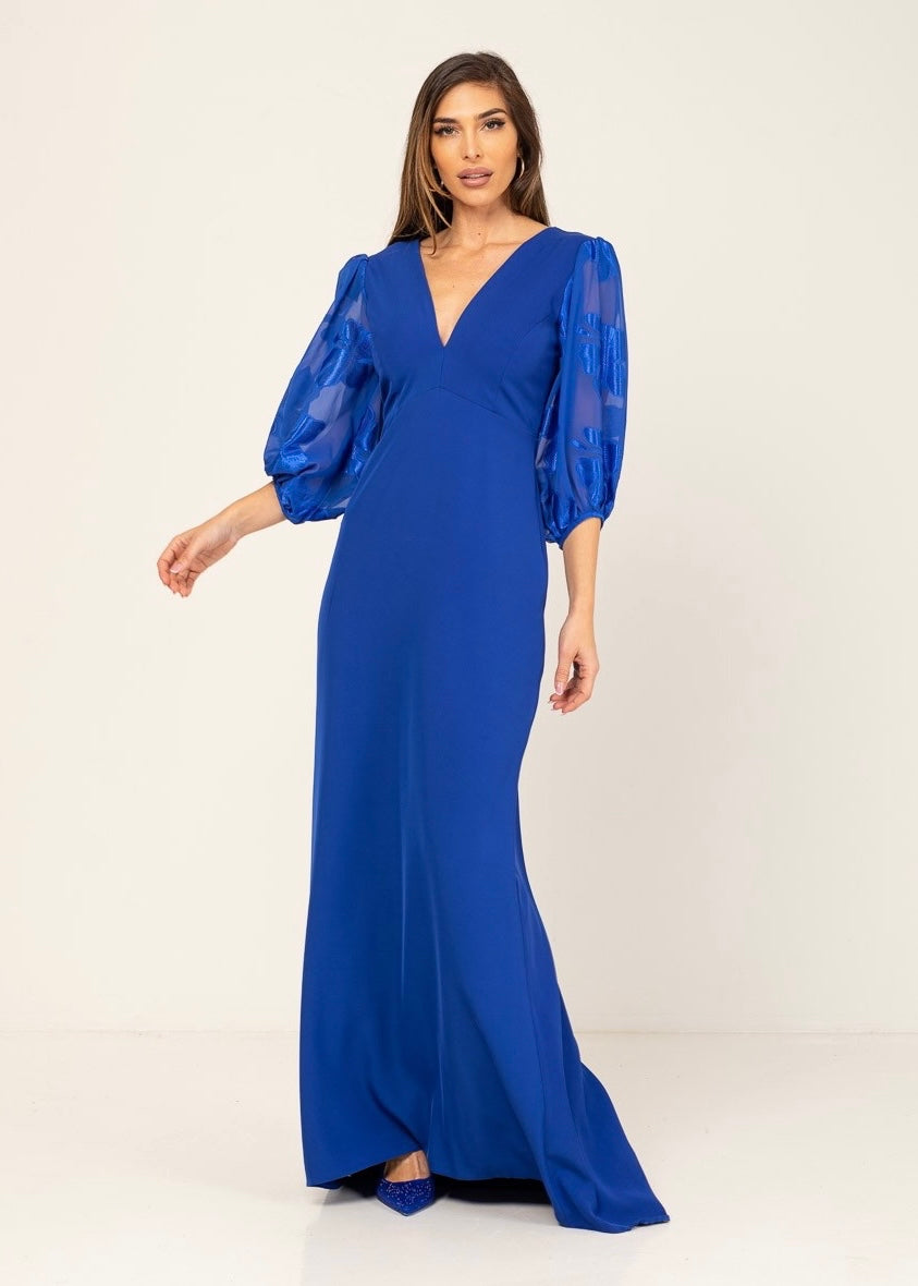 Vestido longo azulão com decote em V e manga balão transparente