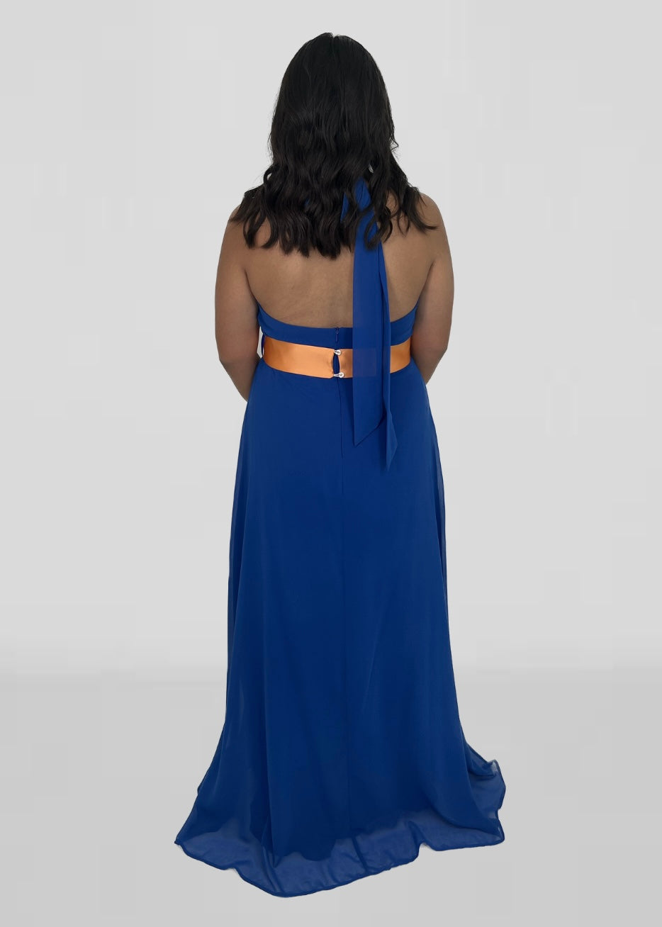 Vestido azulão longo com cinto laranja