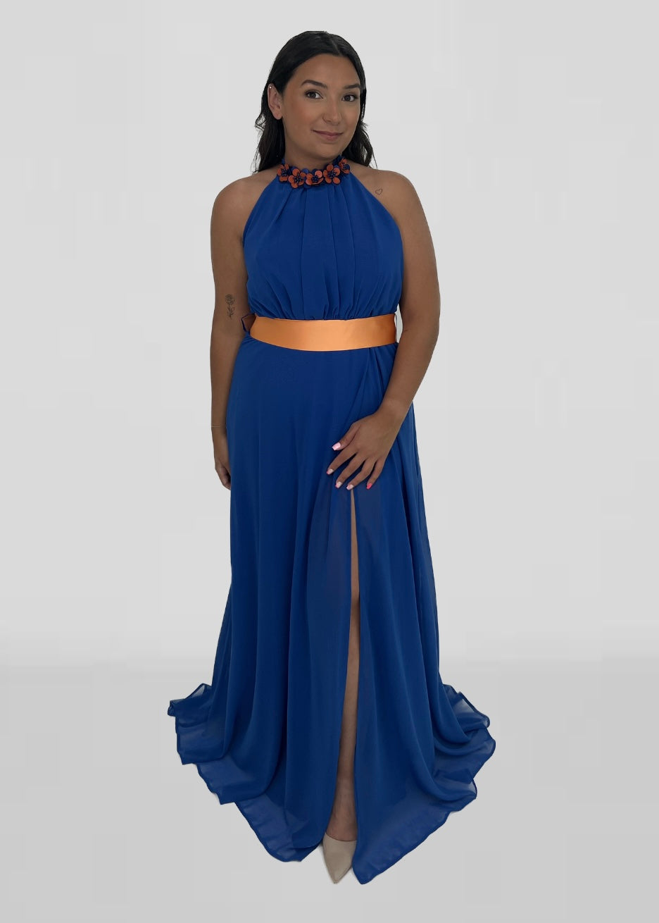 Vestido azulão longo com cinto laranja