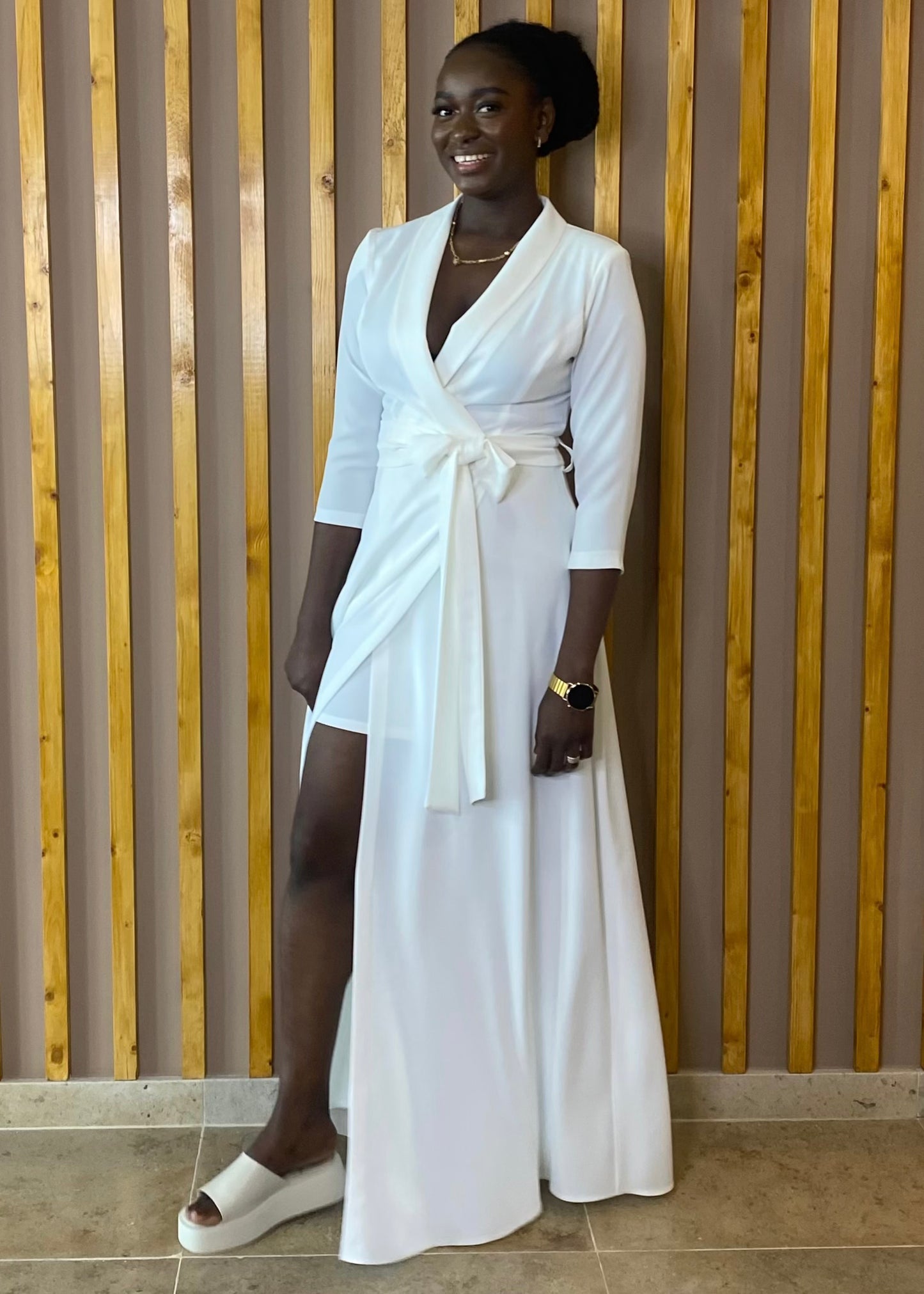 V-neck kimono style dress with mini skirt opening and belt