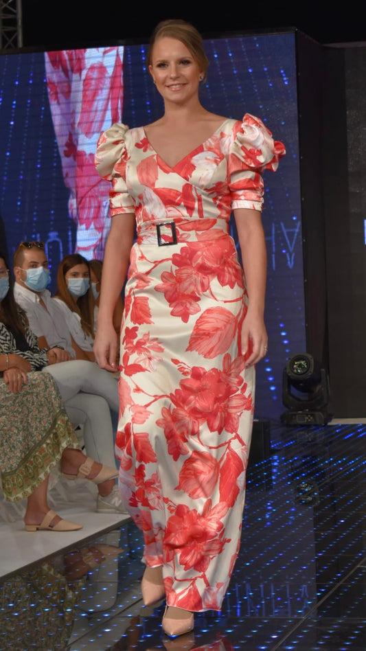Vestido com decote em V e manga balão com cinto